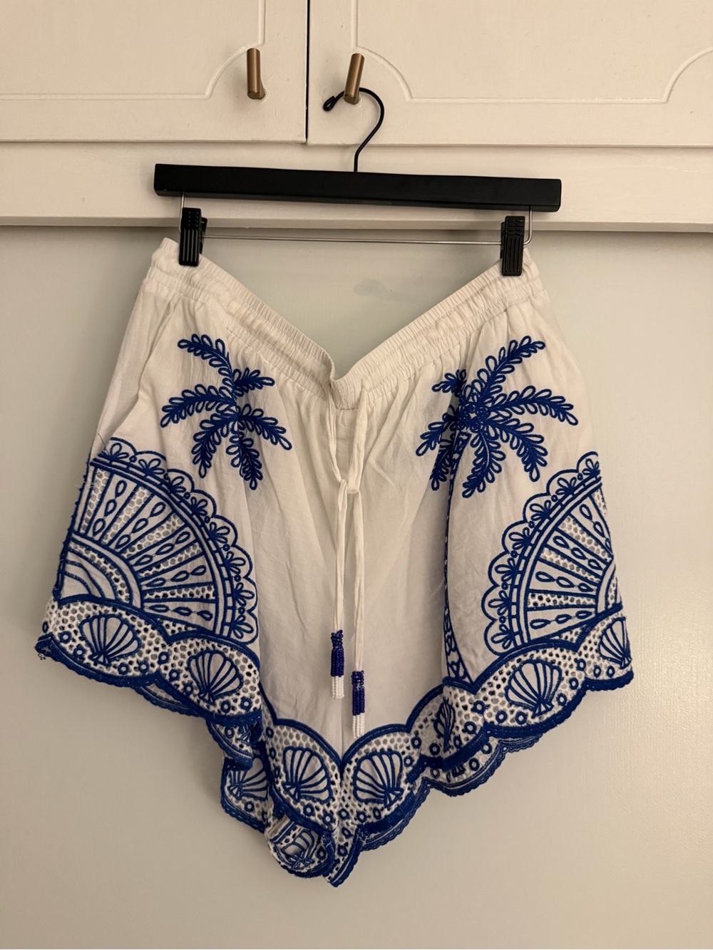 White Shorts with Blue Embroidery